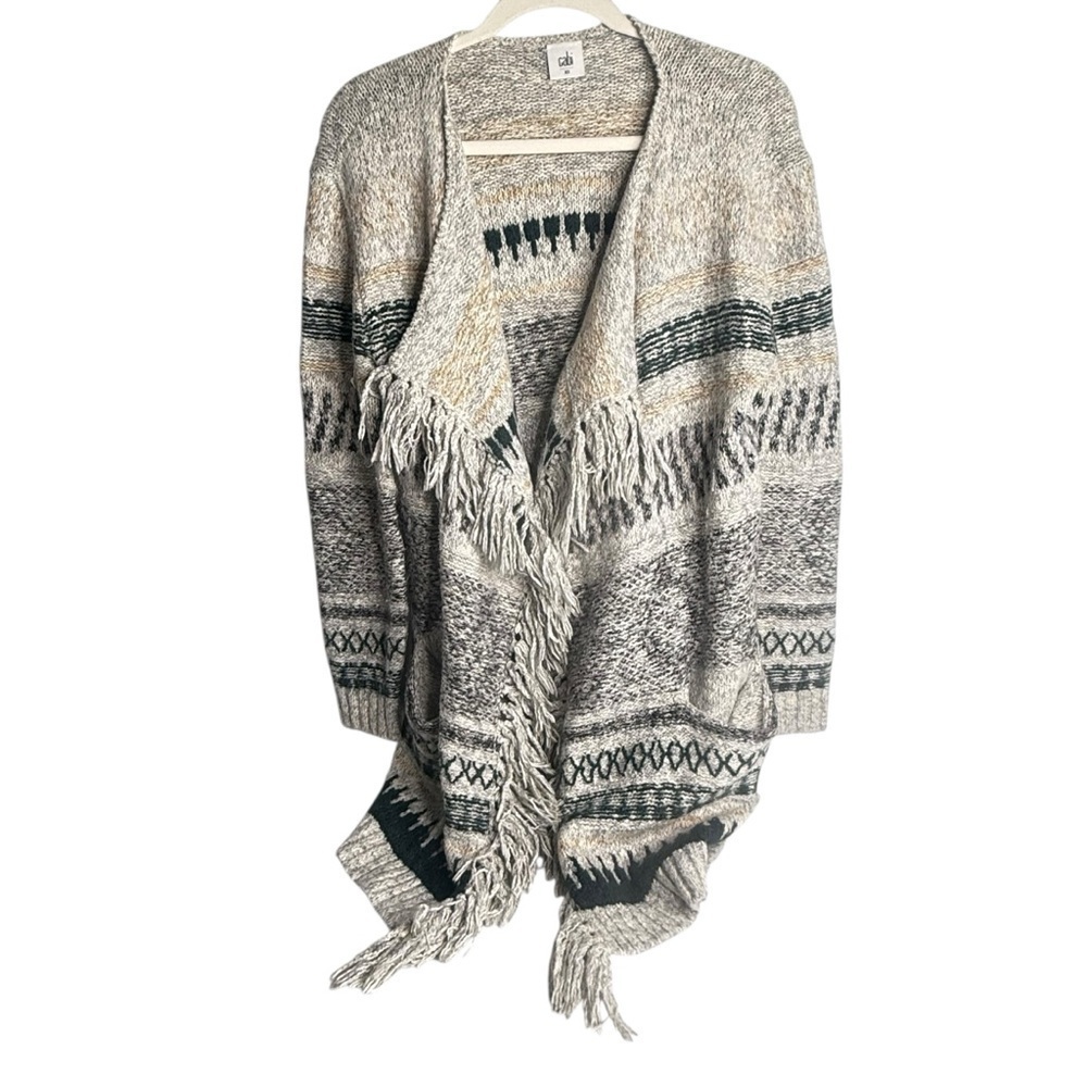 CAbi Textured Fringe Open Front Waterfall Cardigan - Gray and Cream